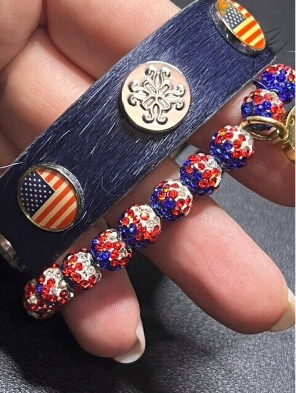 B66230 Rustic Cuff patriotic Stretch Bracelet Red White Blue Crystal Disco Ball